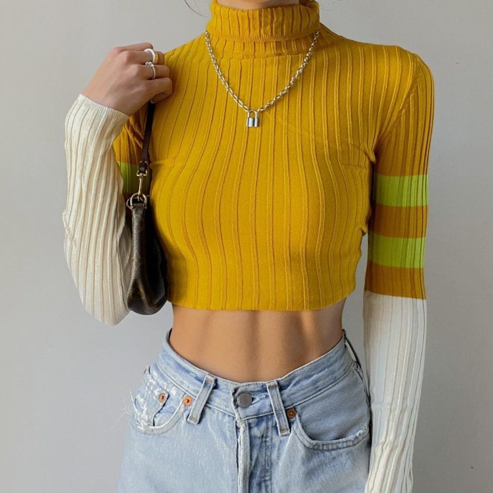 Urban Outfitters Mustard Yellow Color Block Green Stripe Turtleneck XS S